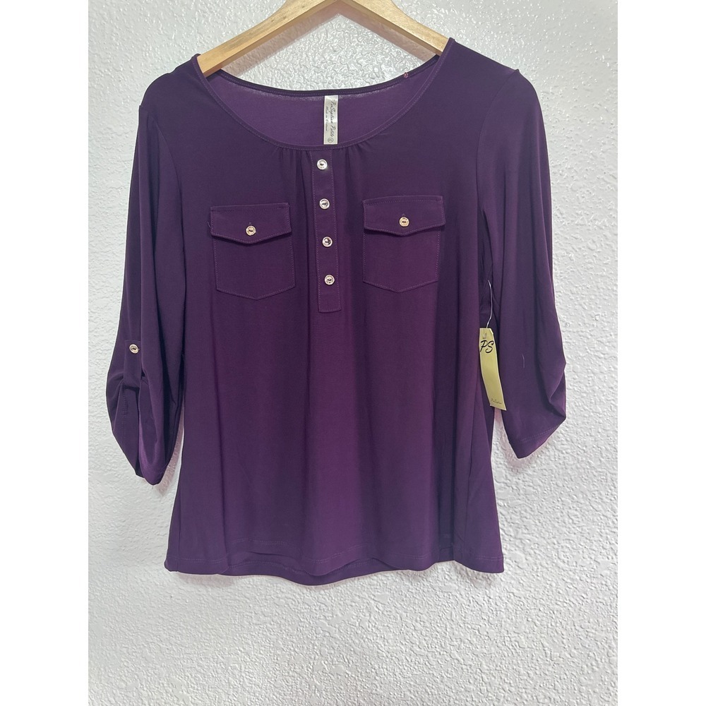 PerSeption Petite Purple Roll-Tab 3/4 Sleeve Button Front Blouse PL NEW